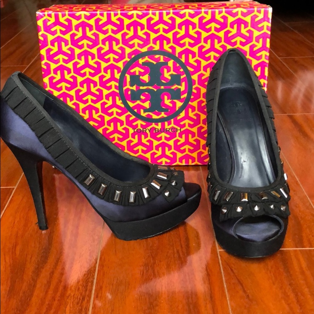 Tory Burch satin navy blue and black stilettos